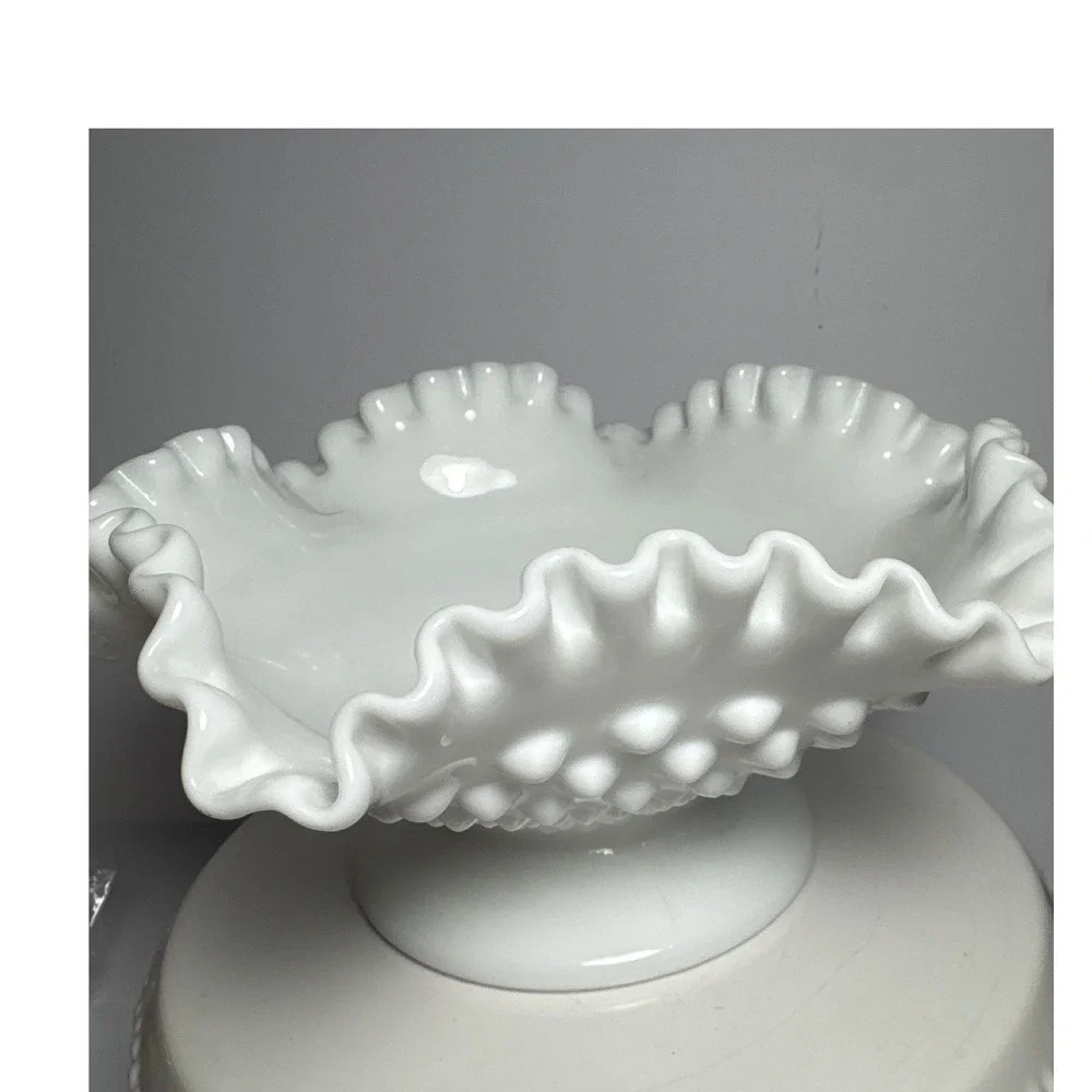 Vintage White Milk Glass Ruffled Pedestal Bowl / Compote – Hobnail Detail